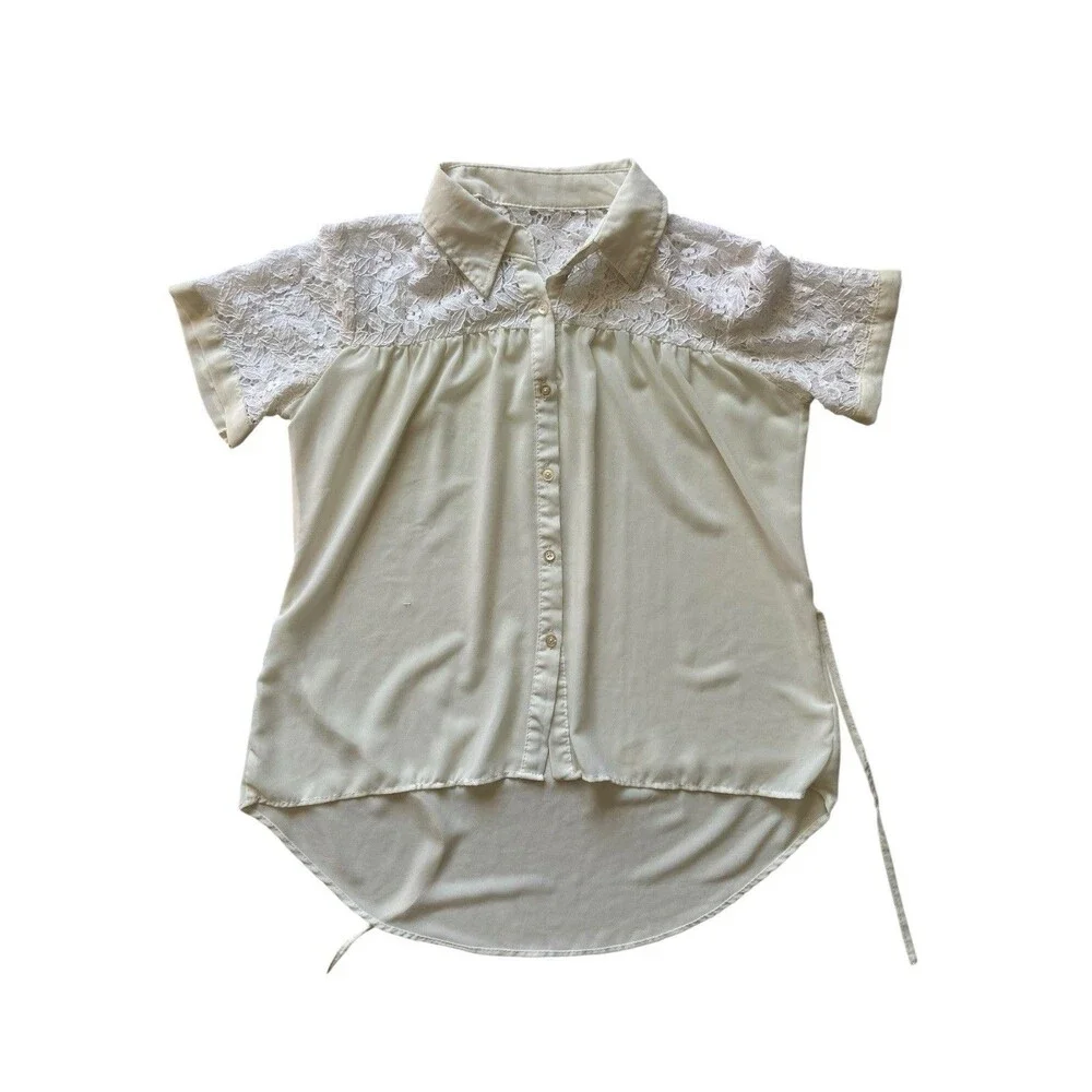 Vintage Romantic‎ Lace Yoke Button Down Blouse Size S Cream Tie Back Bridgerton - Picture 7 of 10